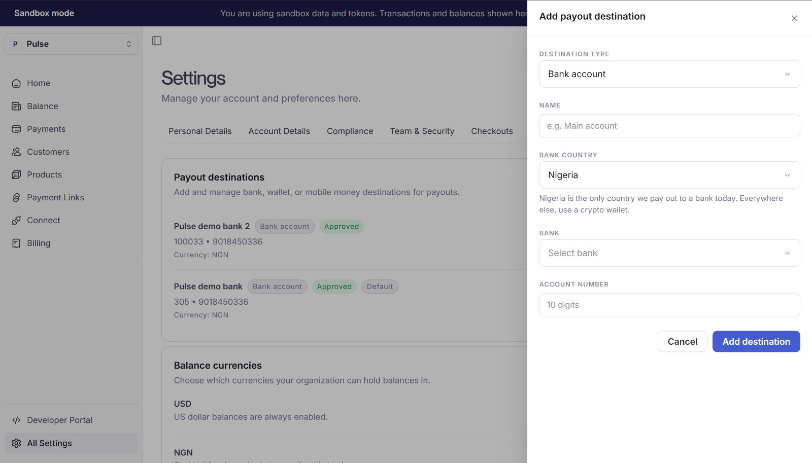 The Add payout destination panel with Destination type, Name, Bank country, Bank and Account number fields.