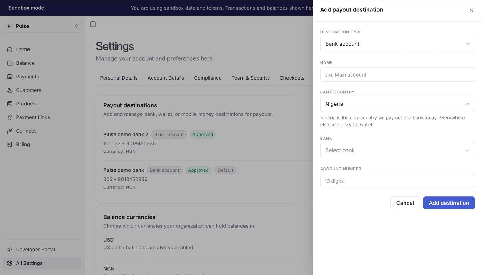 The Add payout destination panel with Destination type, Name, Bank country, Bank and Account number fields.