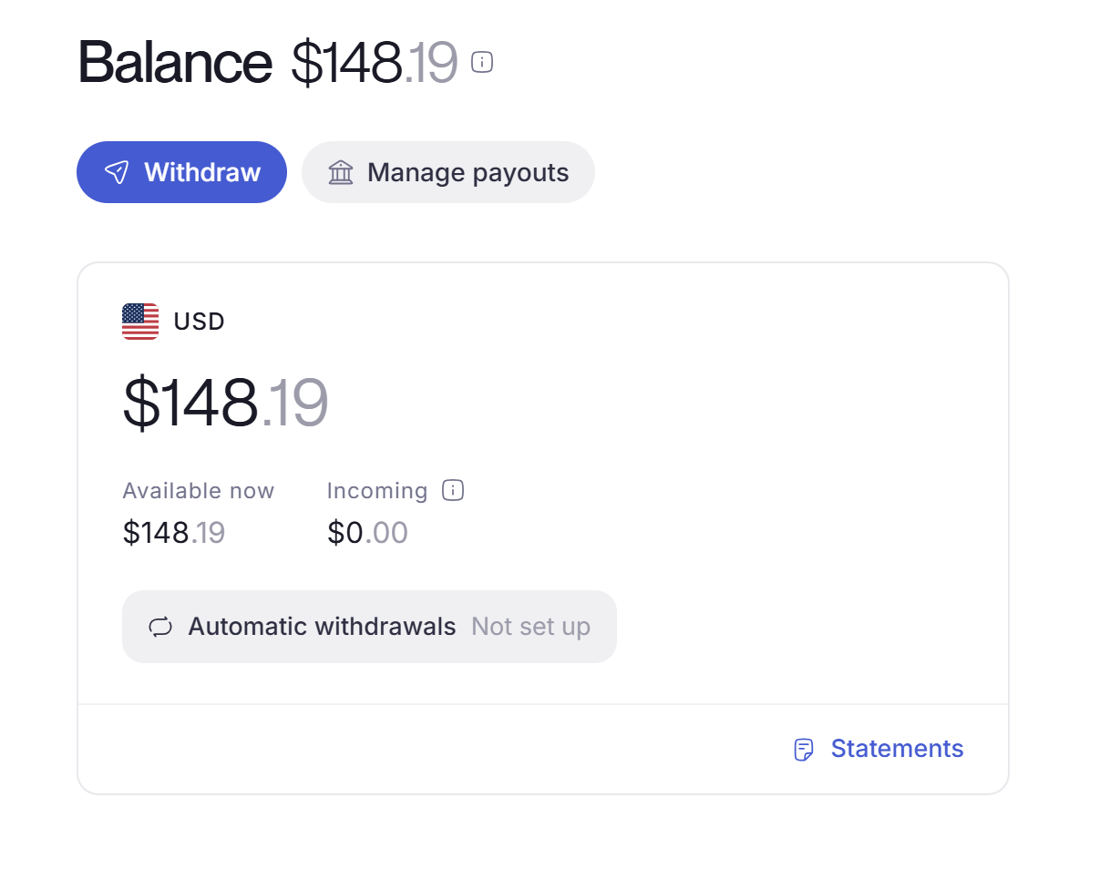 The Bachs dashboard Balance page showing the Withdraw and Manage payouts buttons above a USD balance card with Available now and Incoming amounts.