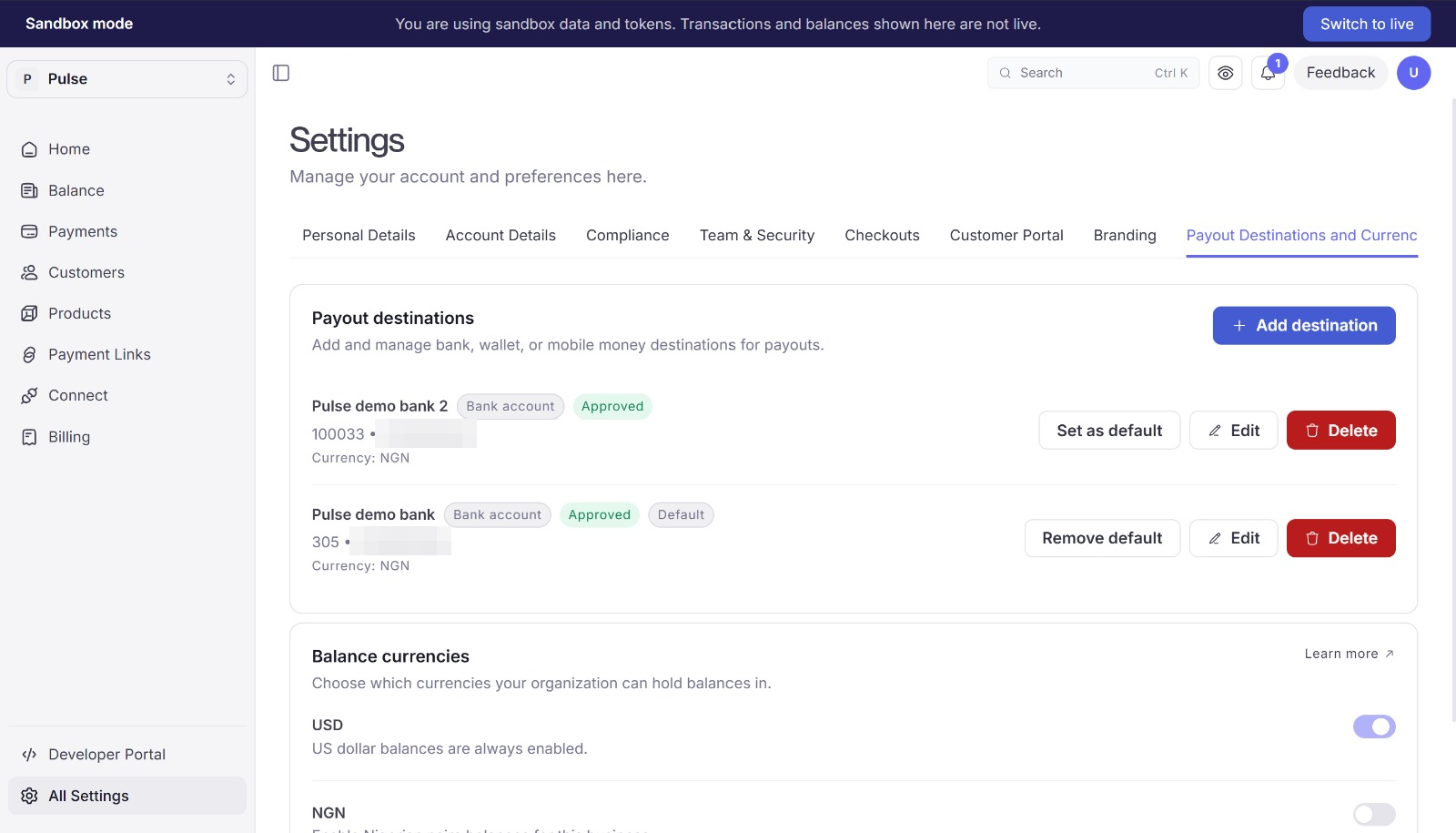 The Payout Destinations and Currencies settings tab listing saved bank accounts with Approved and Default badges and Set as default, Edit and Delete actions.