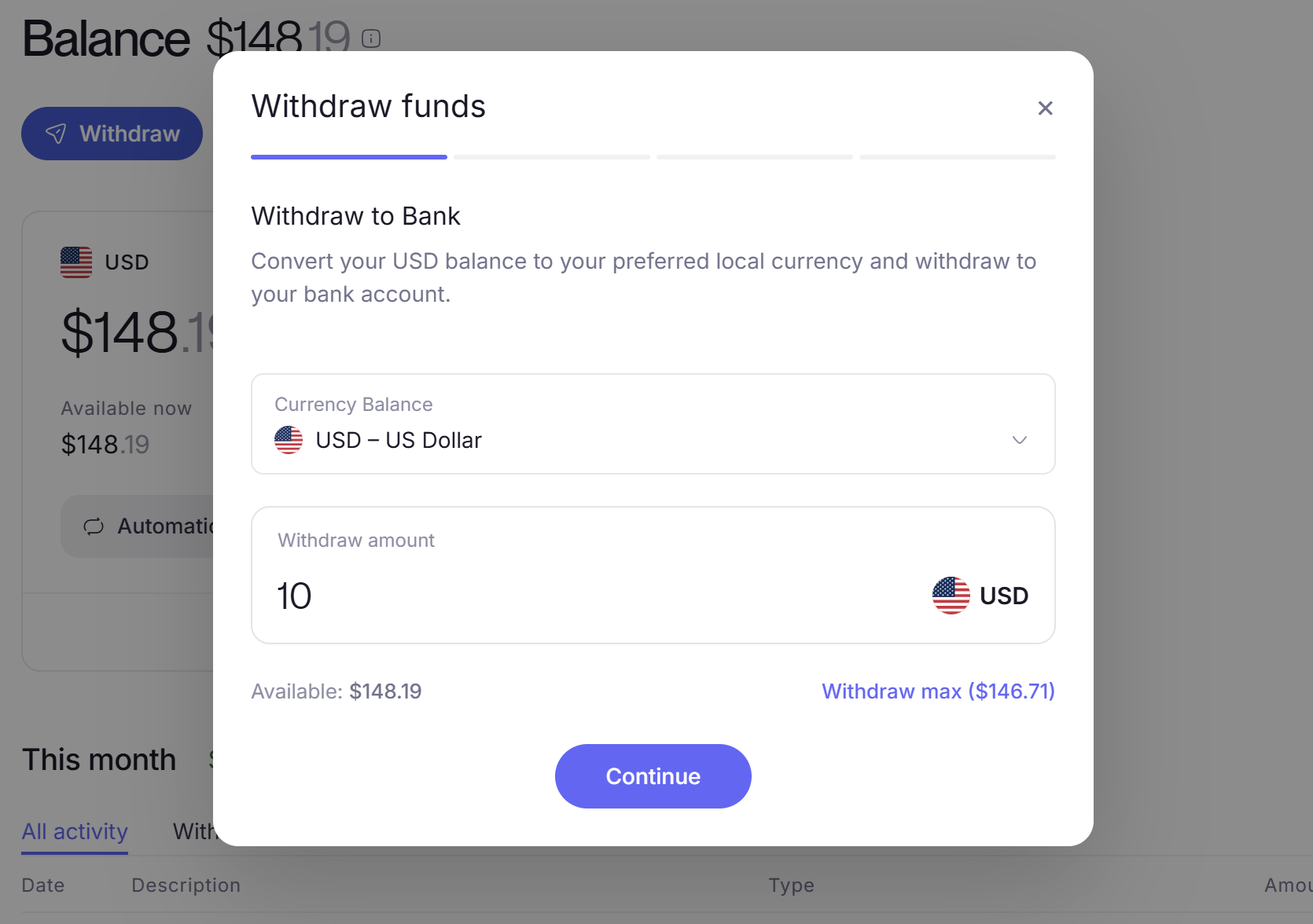 The Withdraw funds panel on its first step, with a Currency Balance selector set to USD, a Withdraw amount field and a Continue button.