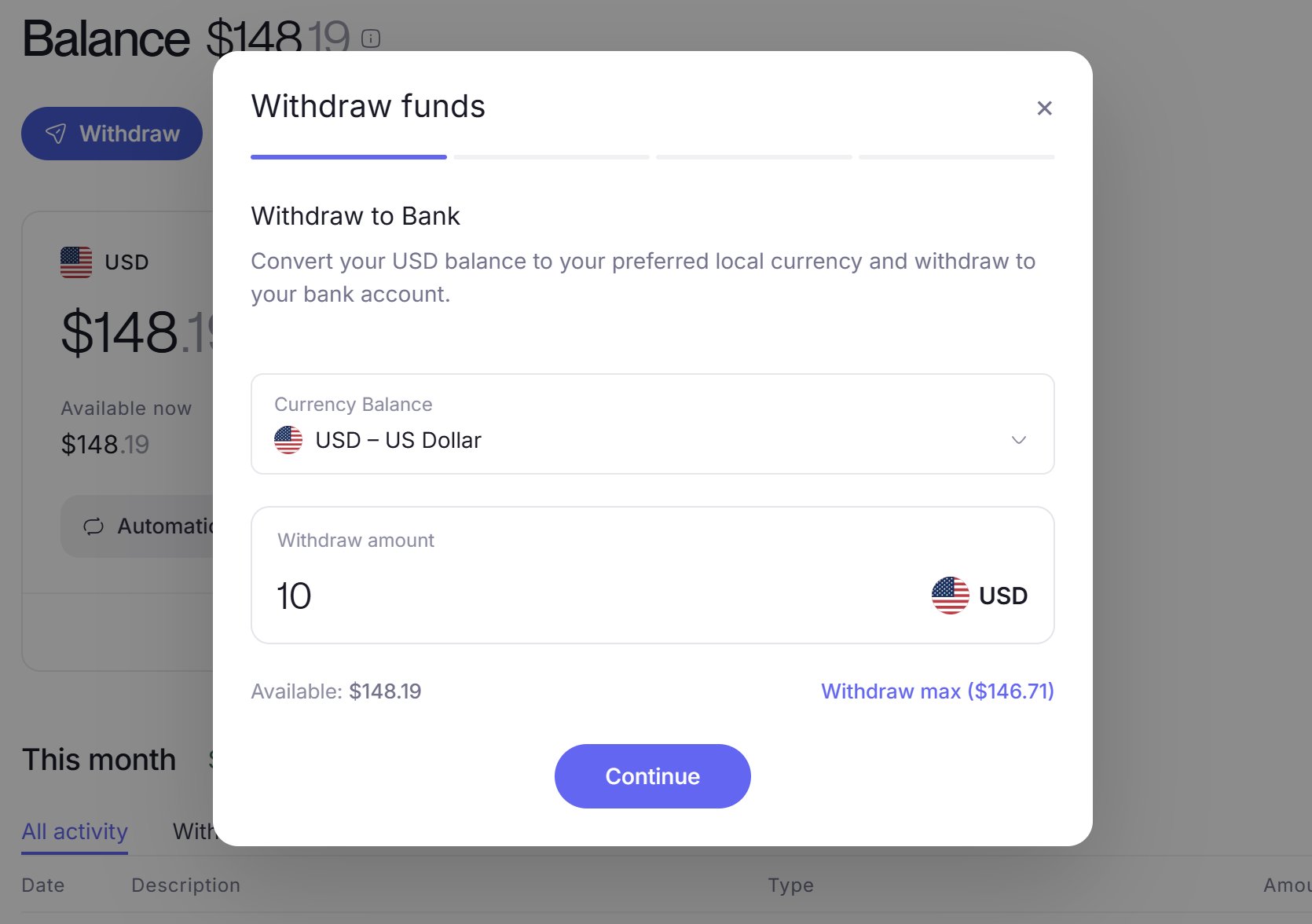 The Withdraw funds panel on its first step, with a Currency Balance selector set to USD, a Withdraw amount field and a Continue button.