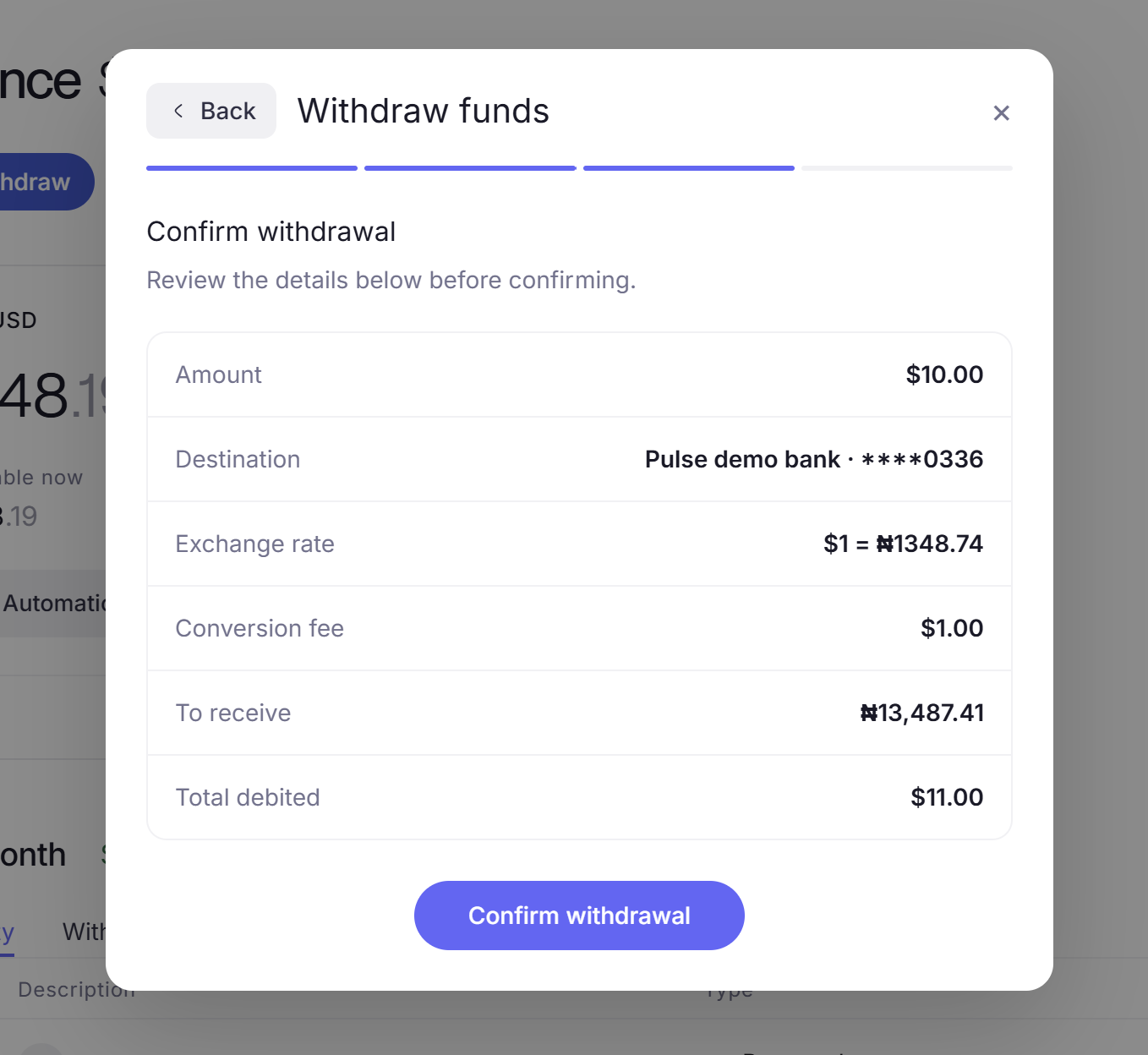 The Confirm withdrawal step listing Amount, Destination, Exchange rate, Conversion fee, To receive and Total debited for a USD to NGN withdrawal.