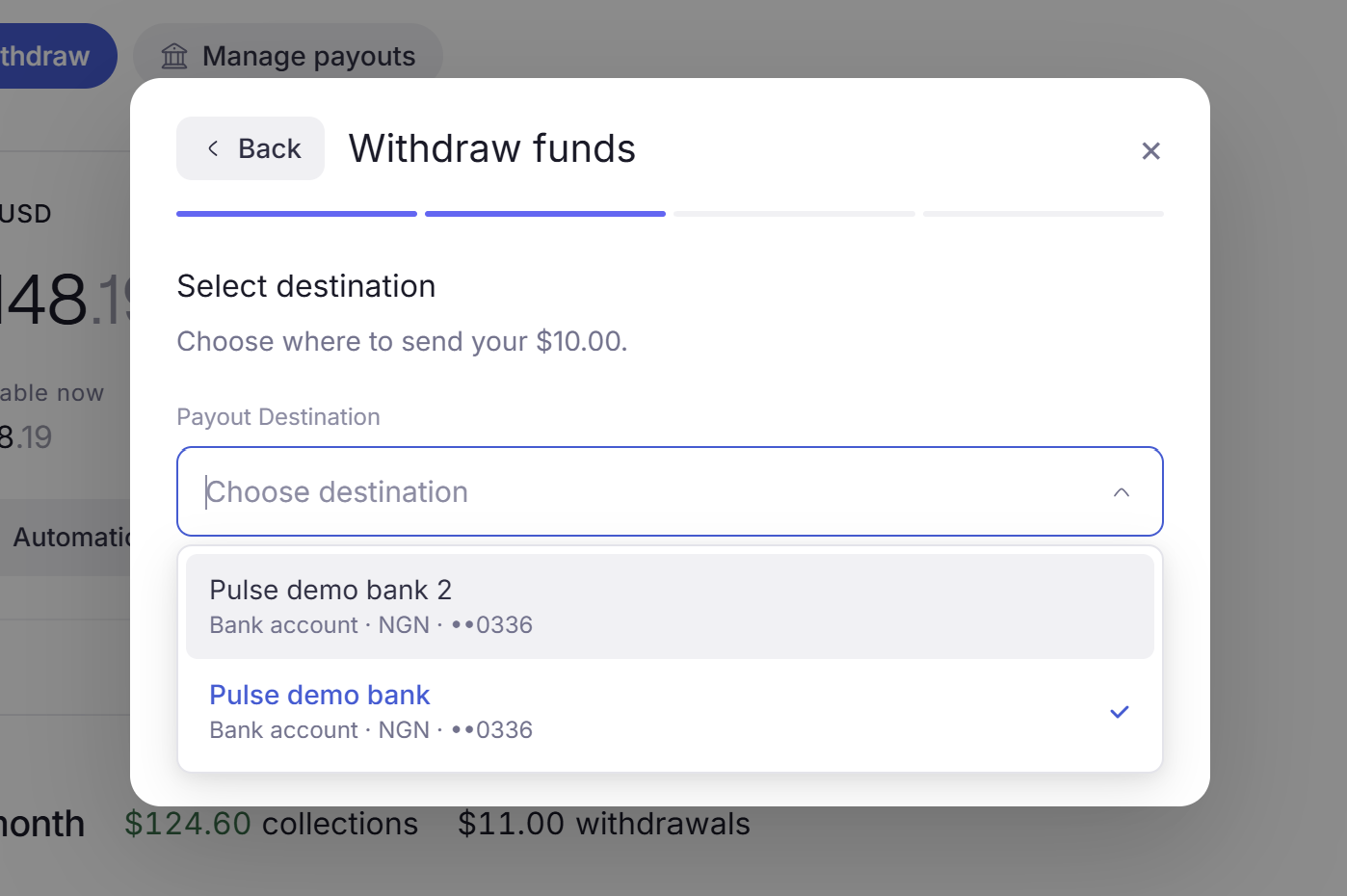 The Select destination step of Withdraw funds, with the Payout Destination list open showing two saved bank accounts.