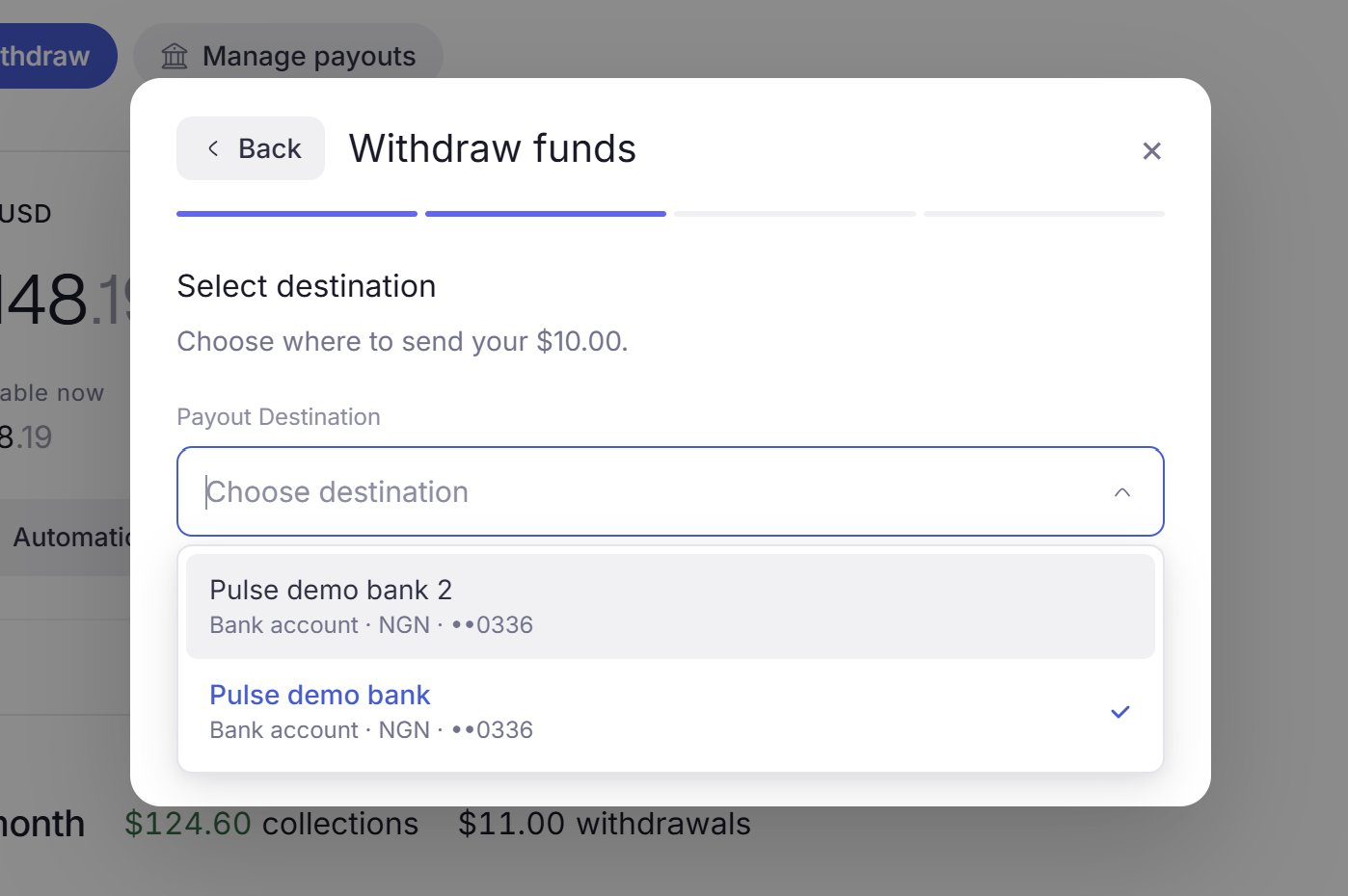 The Select destination step of Withdraw funds, with the Payout Destination list open showing two saved bank accounts.