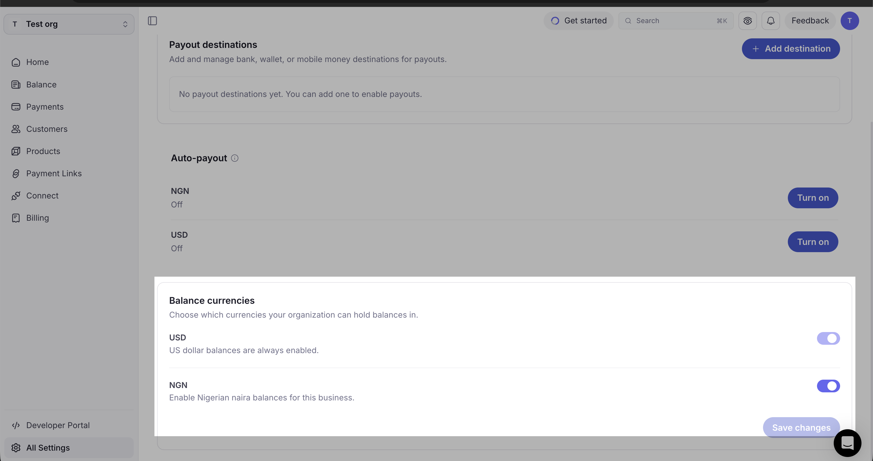 The Bachs dashboard withdrawal settings page showing Balance currencies with USD always enabled and an NGN balance toggle.