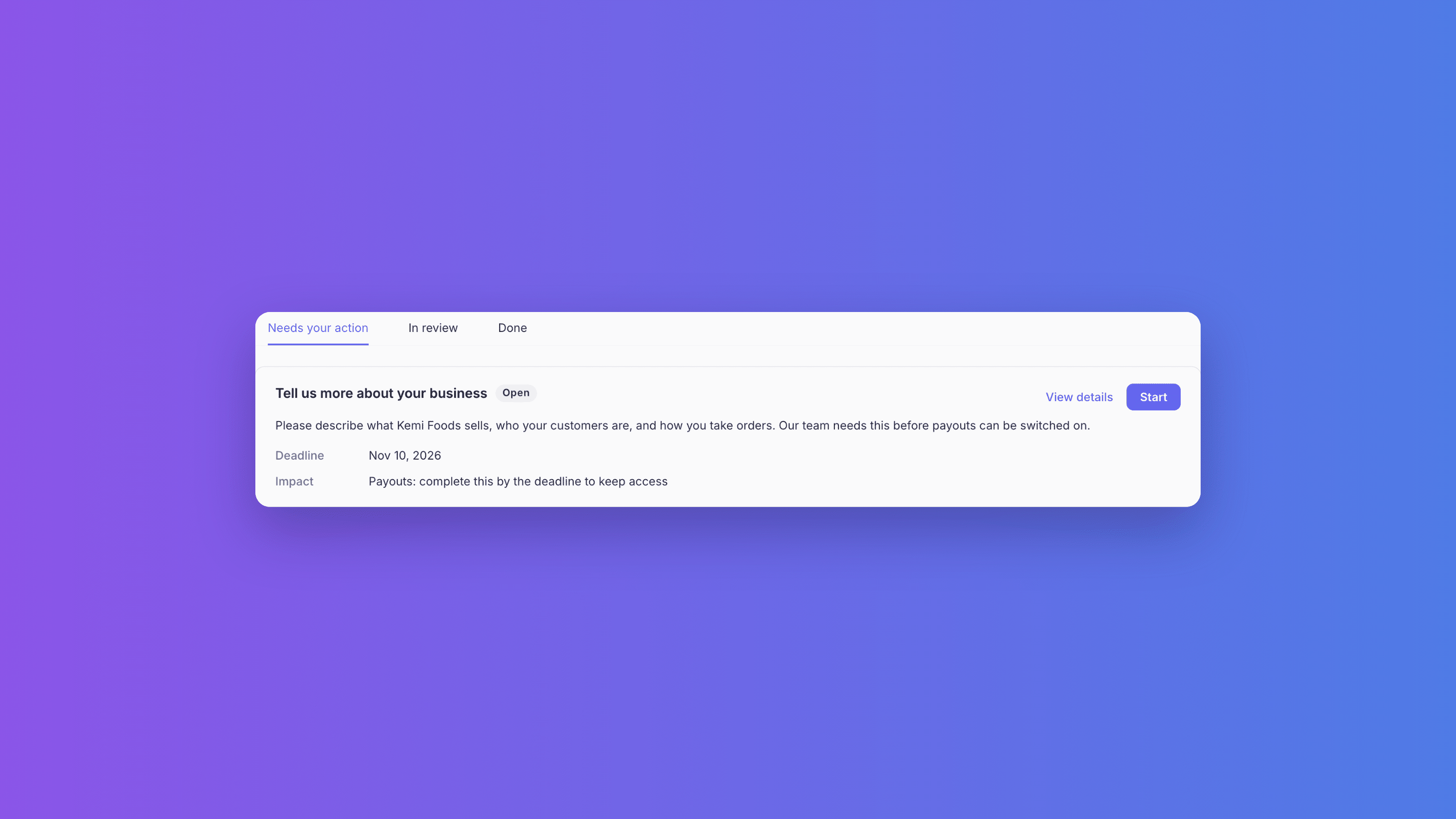 An open task under Settings > Compliance asking for more information about the business, with a deadline and a note that it affects Payouts