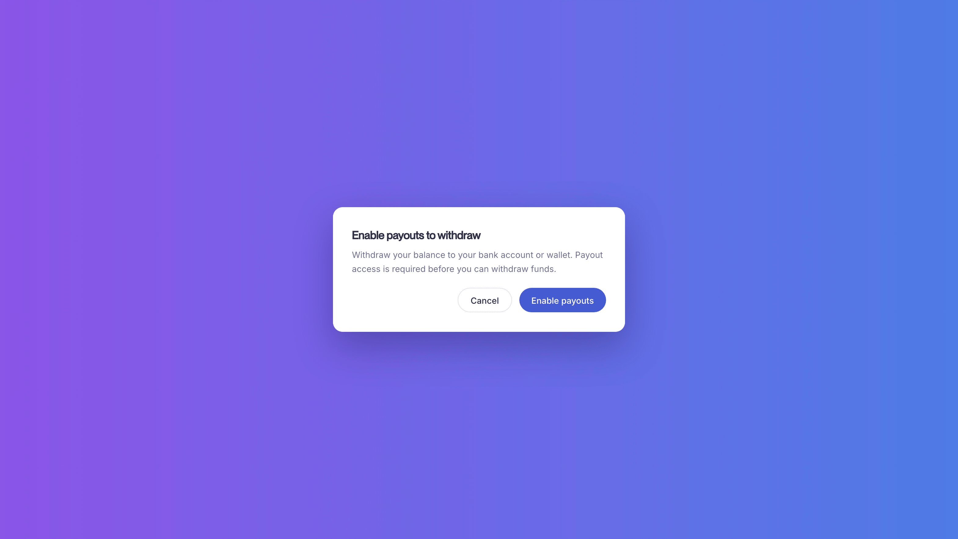 The Enable payouts to withdraw prompt on the Balance page, with Cancel and Enable payouts buttons