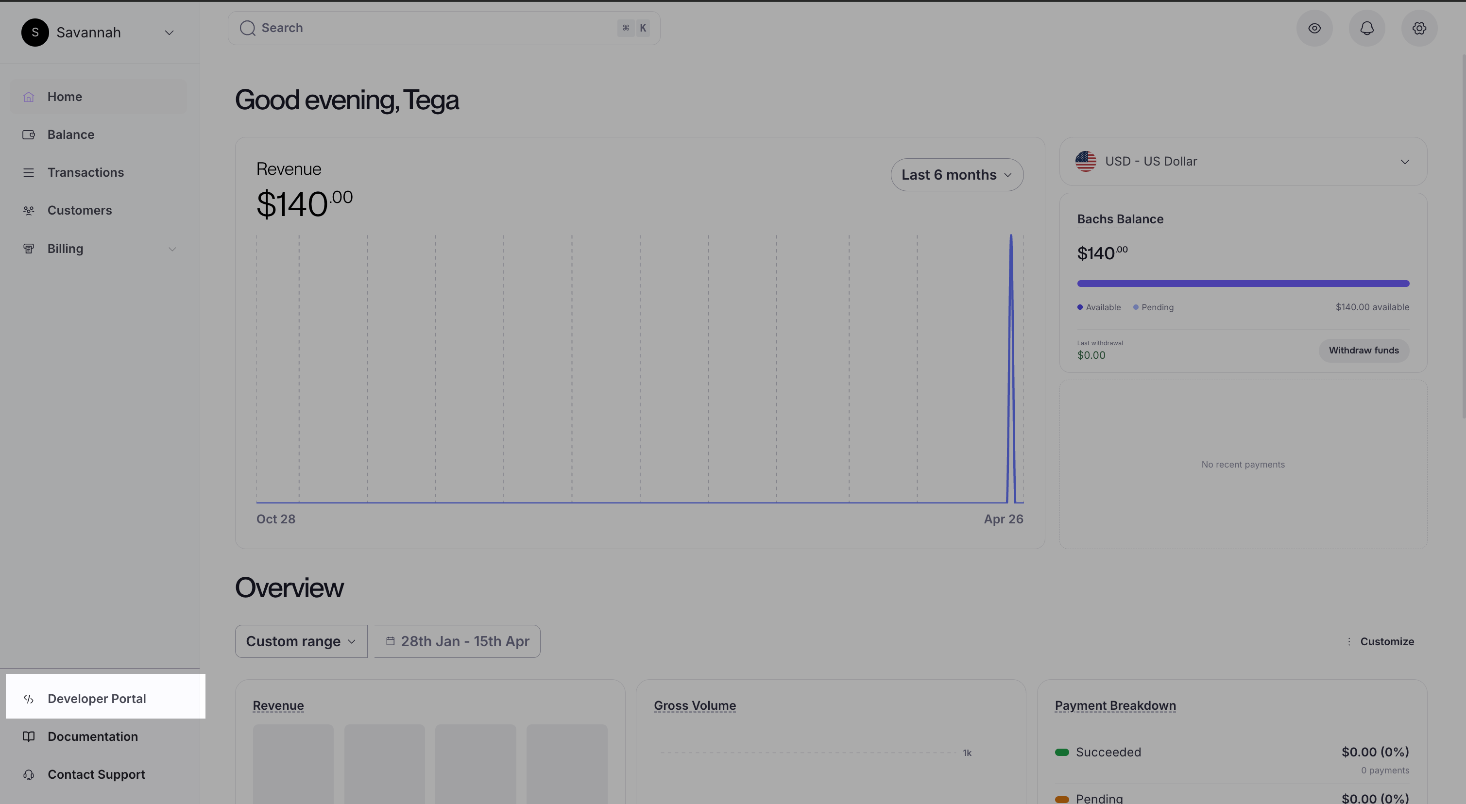 A screen showing how to access the developer portal from the dashboard