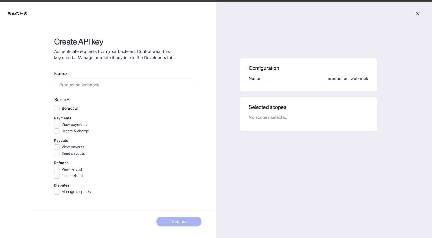 The Create API Key form with scope selection