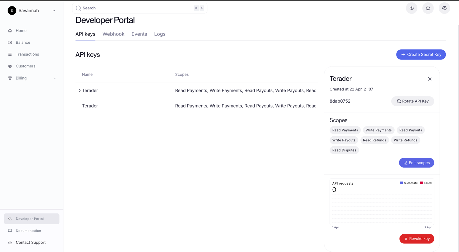 API key detail panel showing scopes, usage, and actions