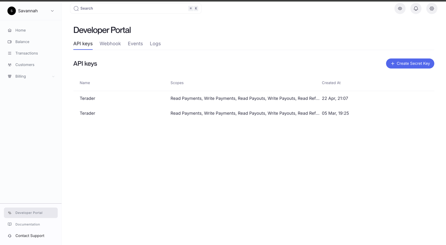 The API Keys list in the Developer Portal
