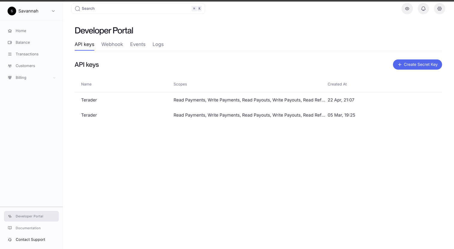 The API Keys list in the Developer Portal