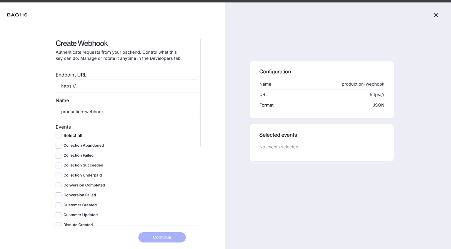 A screen showing how to set up a webhook destination.
