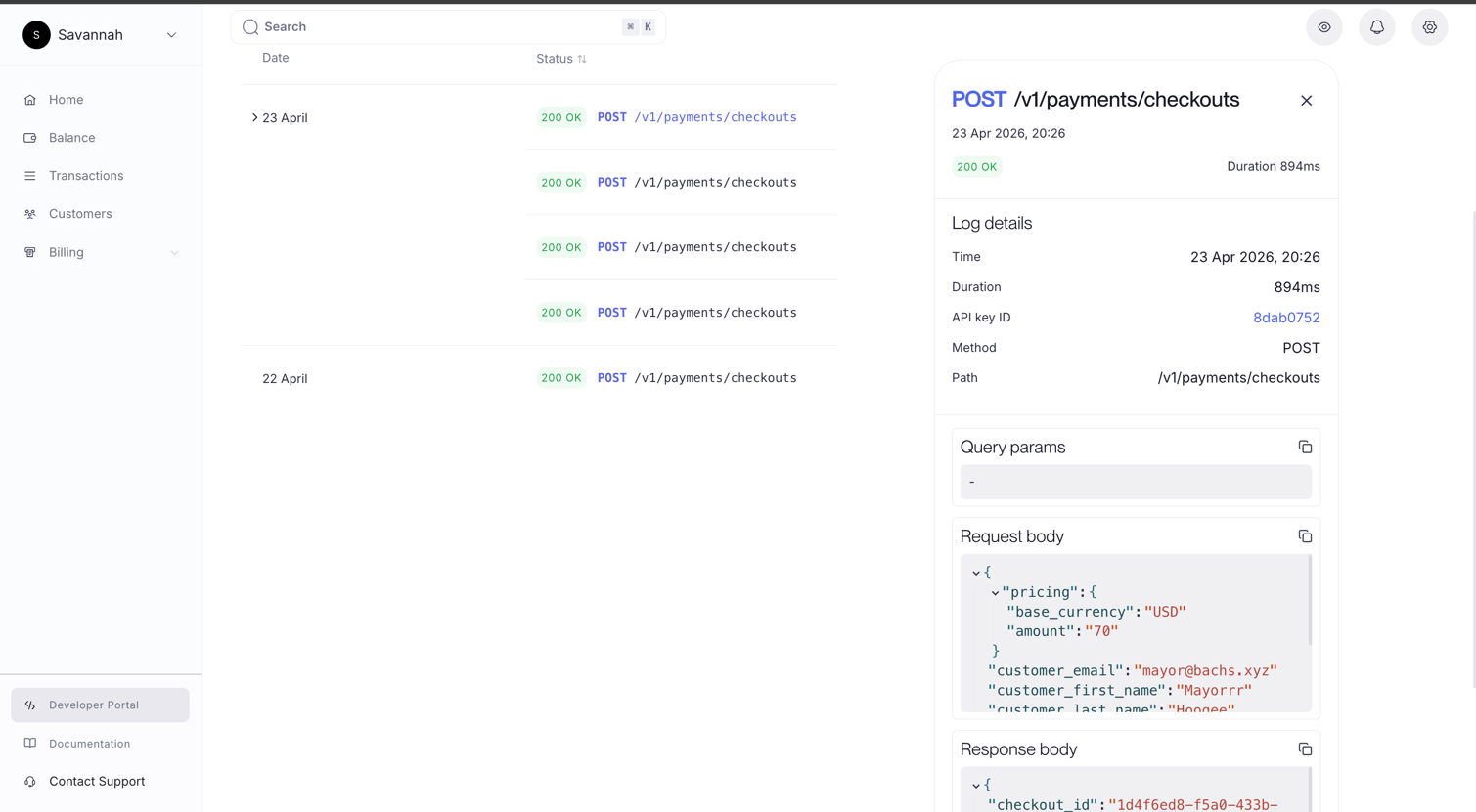 Log detail panel showing request and response bodies