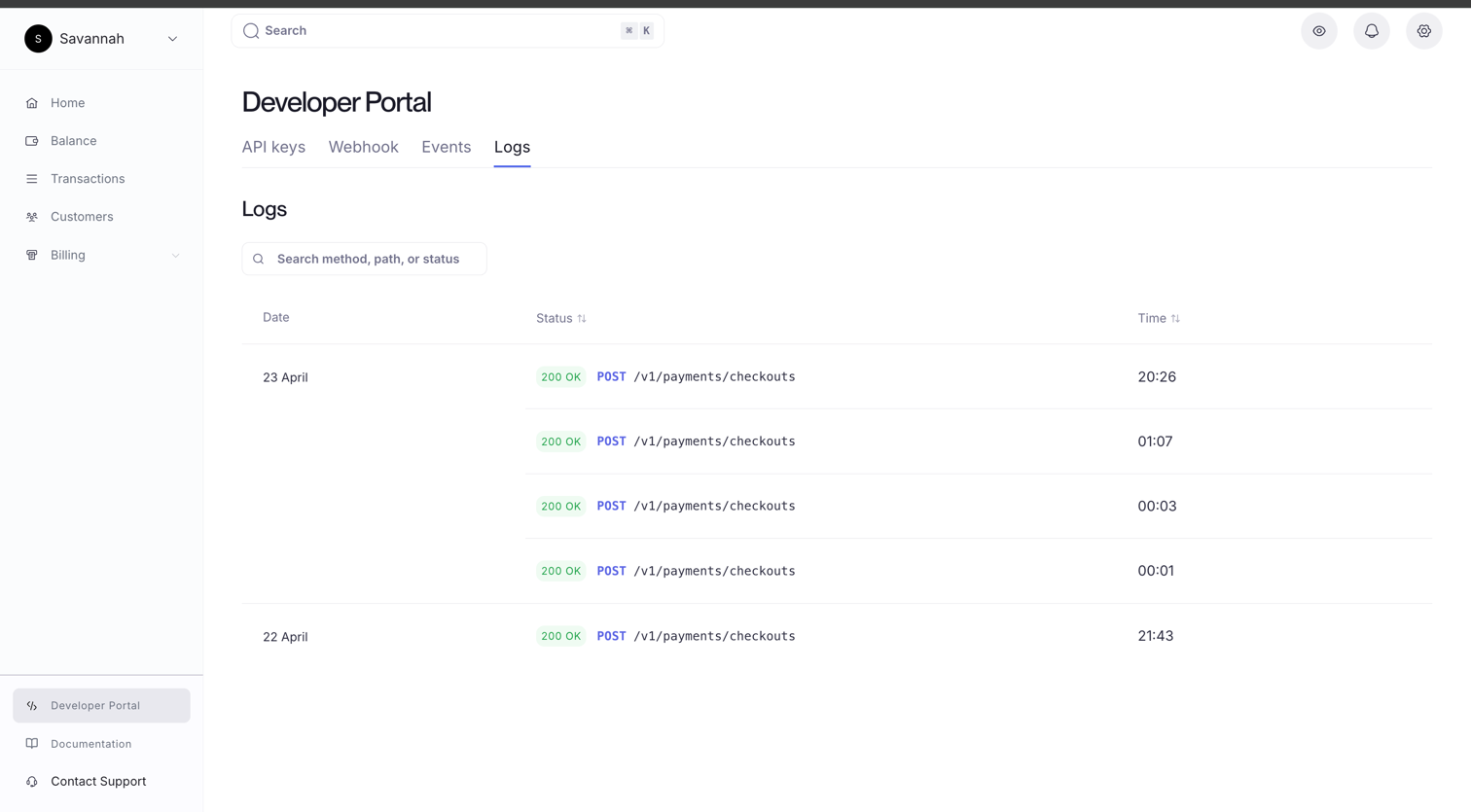 API request logs list in the Developer Portal