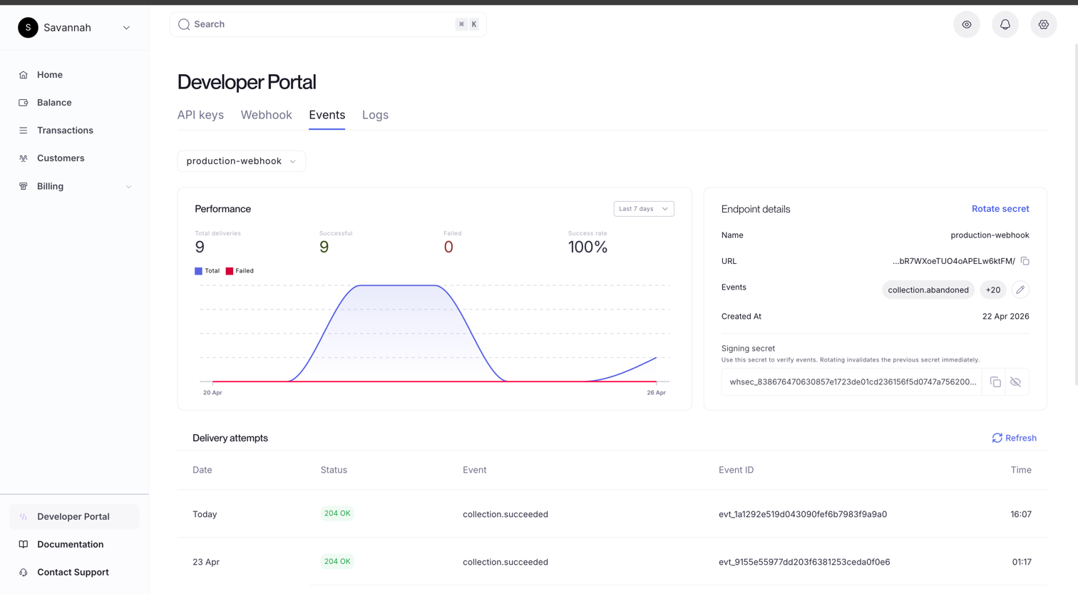 A screen showing a webhook endpoint detail view