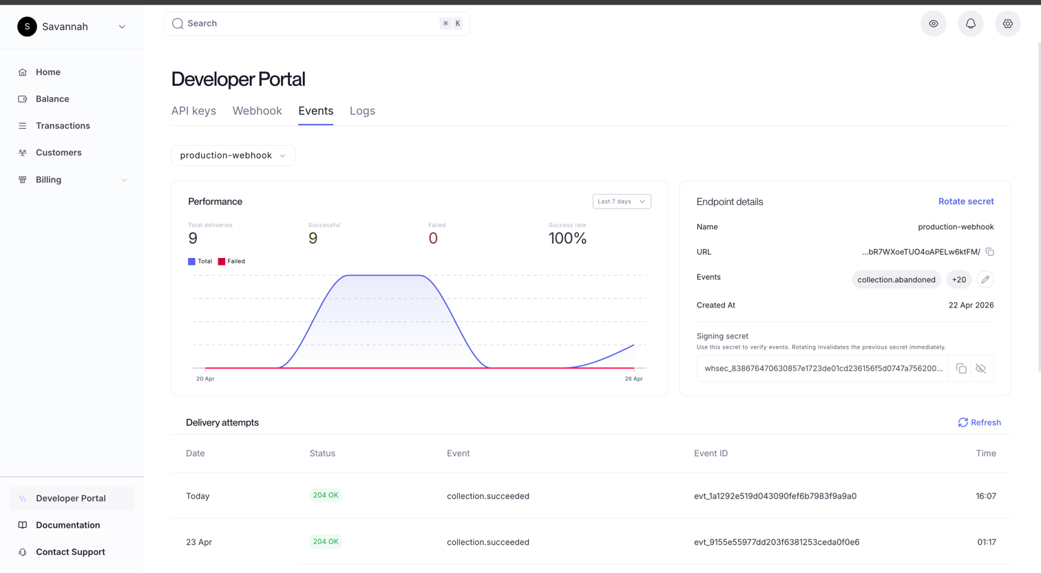 A screen showing a webhook endpoint detail view