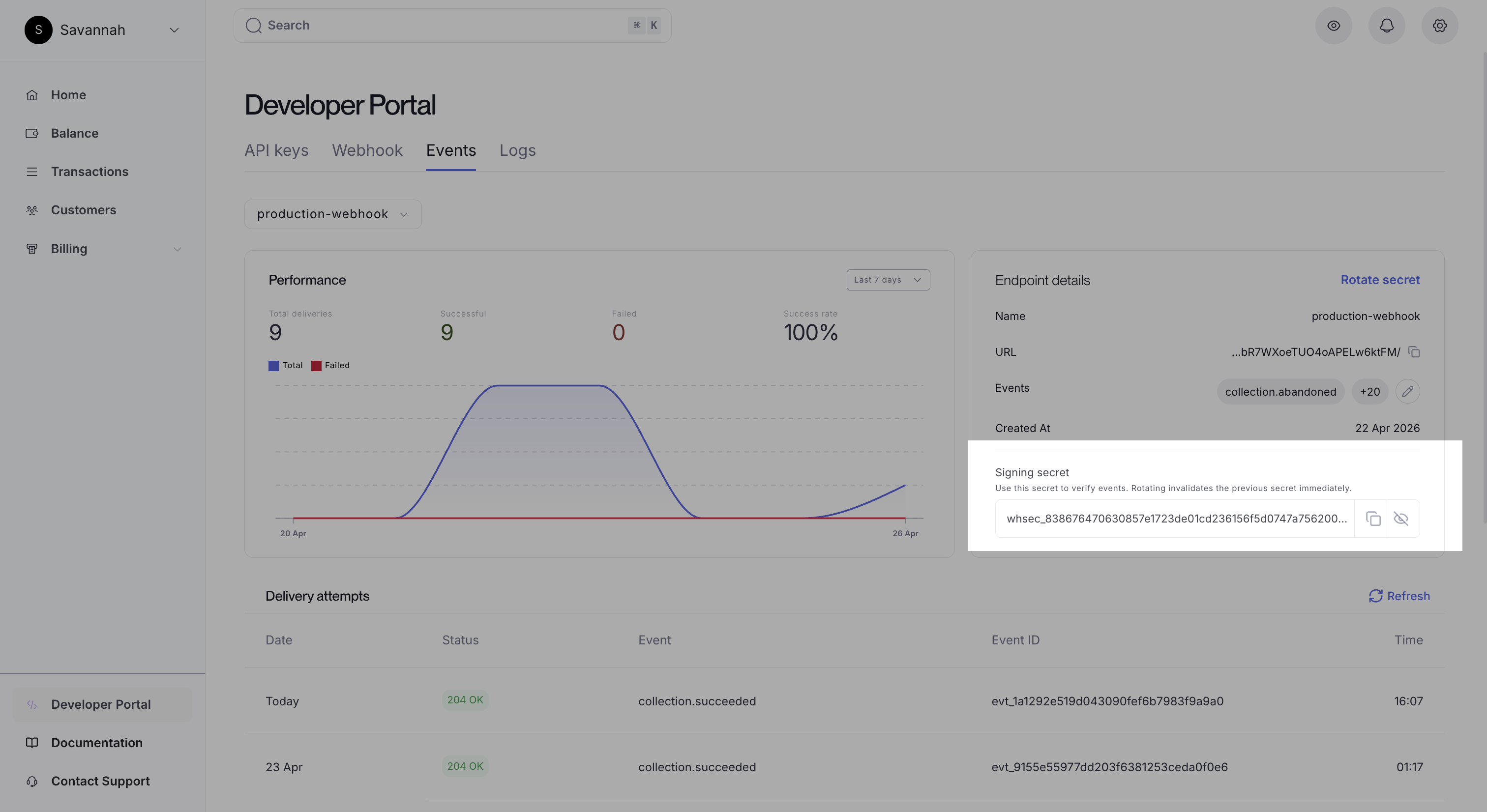 A screen showing the signing secret field on a webhook endpoint
