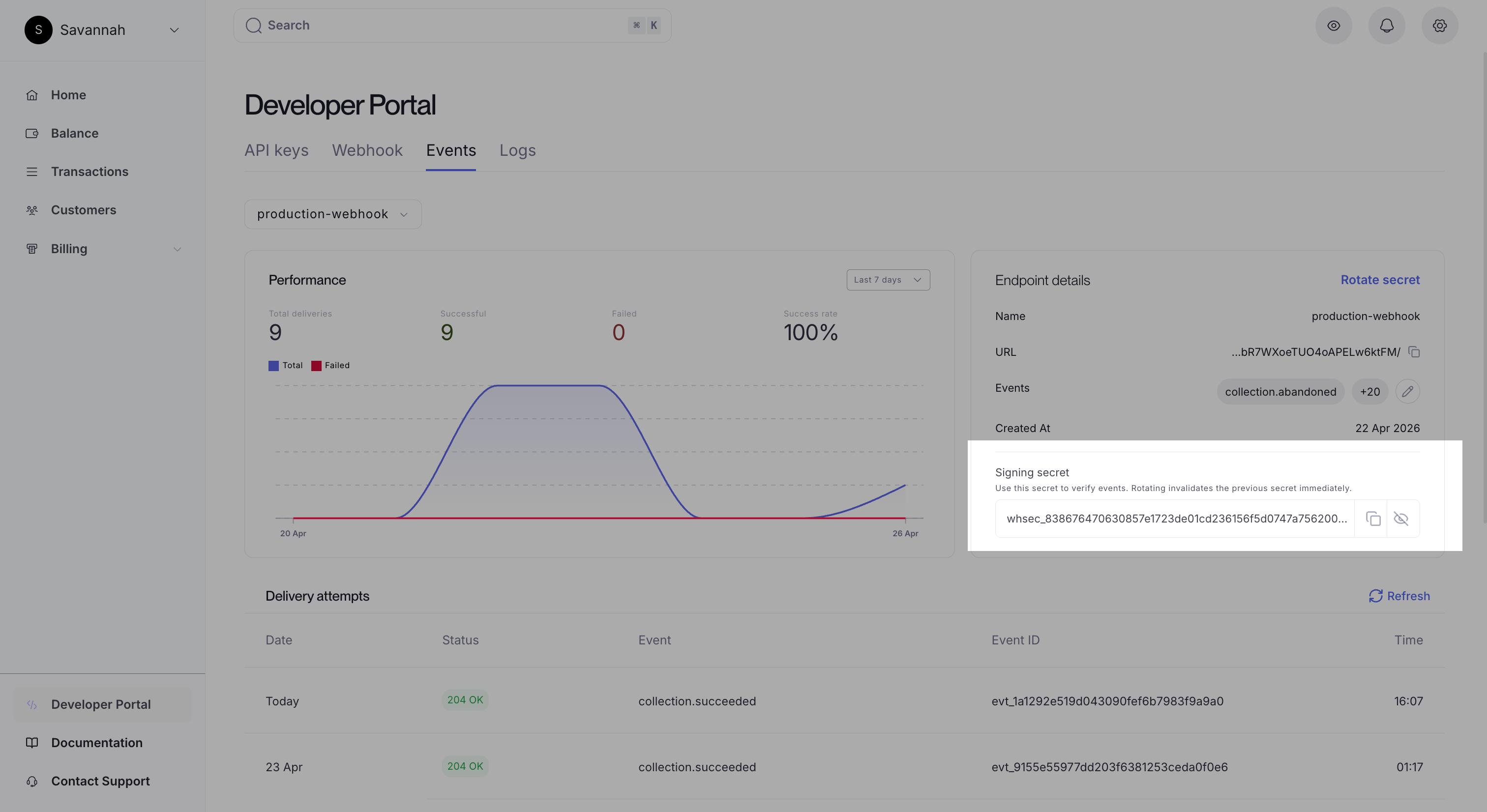 A screen showing the signing secret field on a webhook endpoint