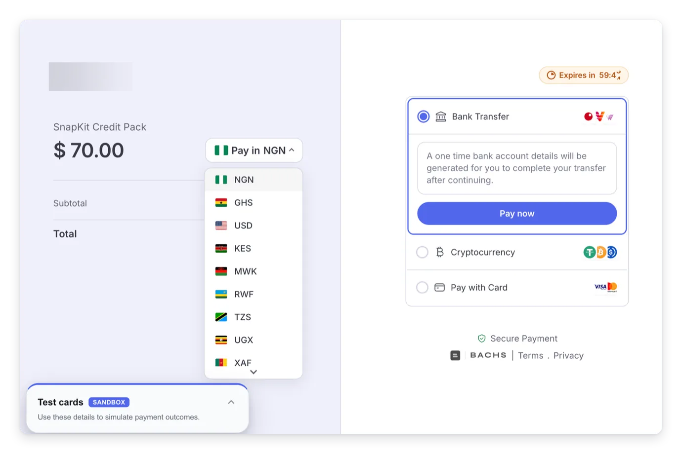 The Bachs hosted checkout in the sandbox: a 70 dollar credit pack with the customer choosing to pay in naira, and Bank Transfer selected among the payment methods