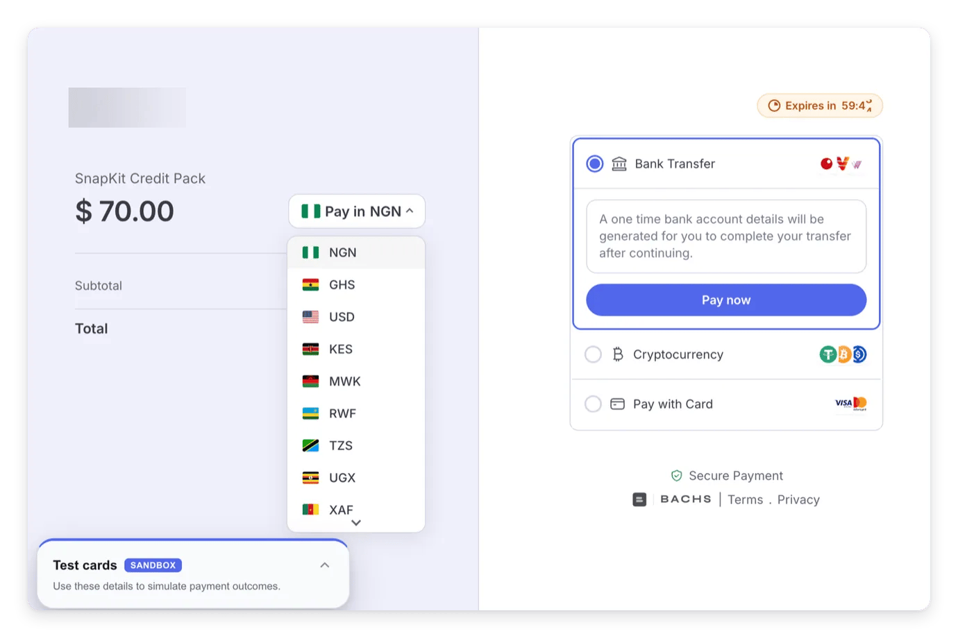 The Bachs hosted checkout in the sandbox: a 70 dollar credit pack with the customer choosing to pay in naira, and Bank Transfer selected among the payment methods