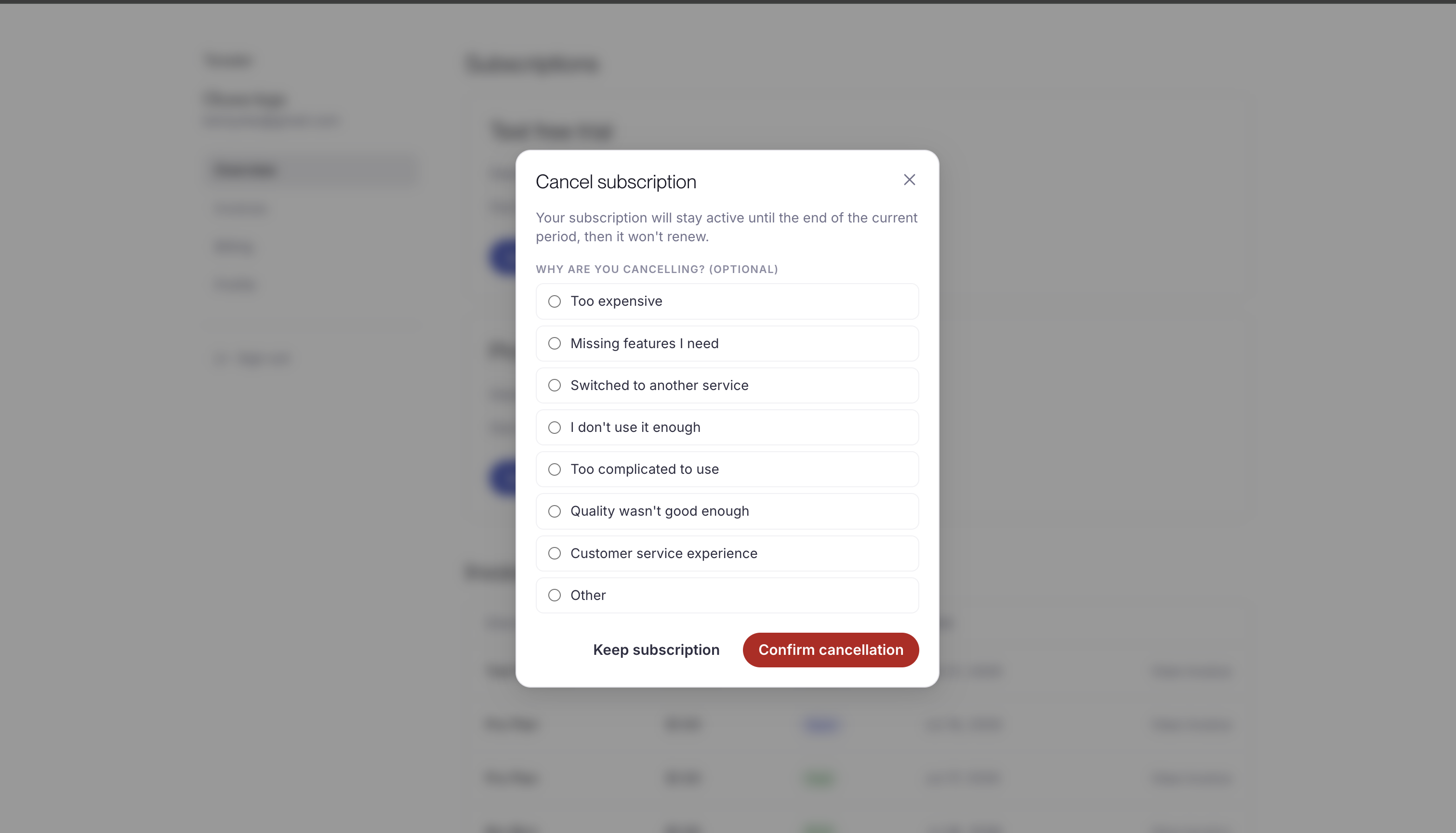 The Cancel subscription dialog explaining the subscription stays active until the end of the current period, with an optional list of cancellation reasons and Keep subscription or Confirm cancellation
