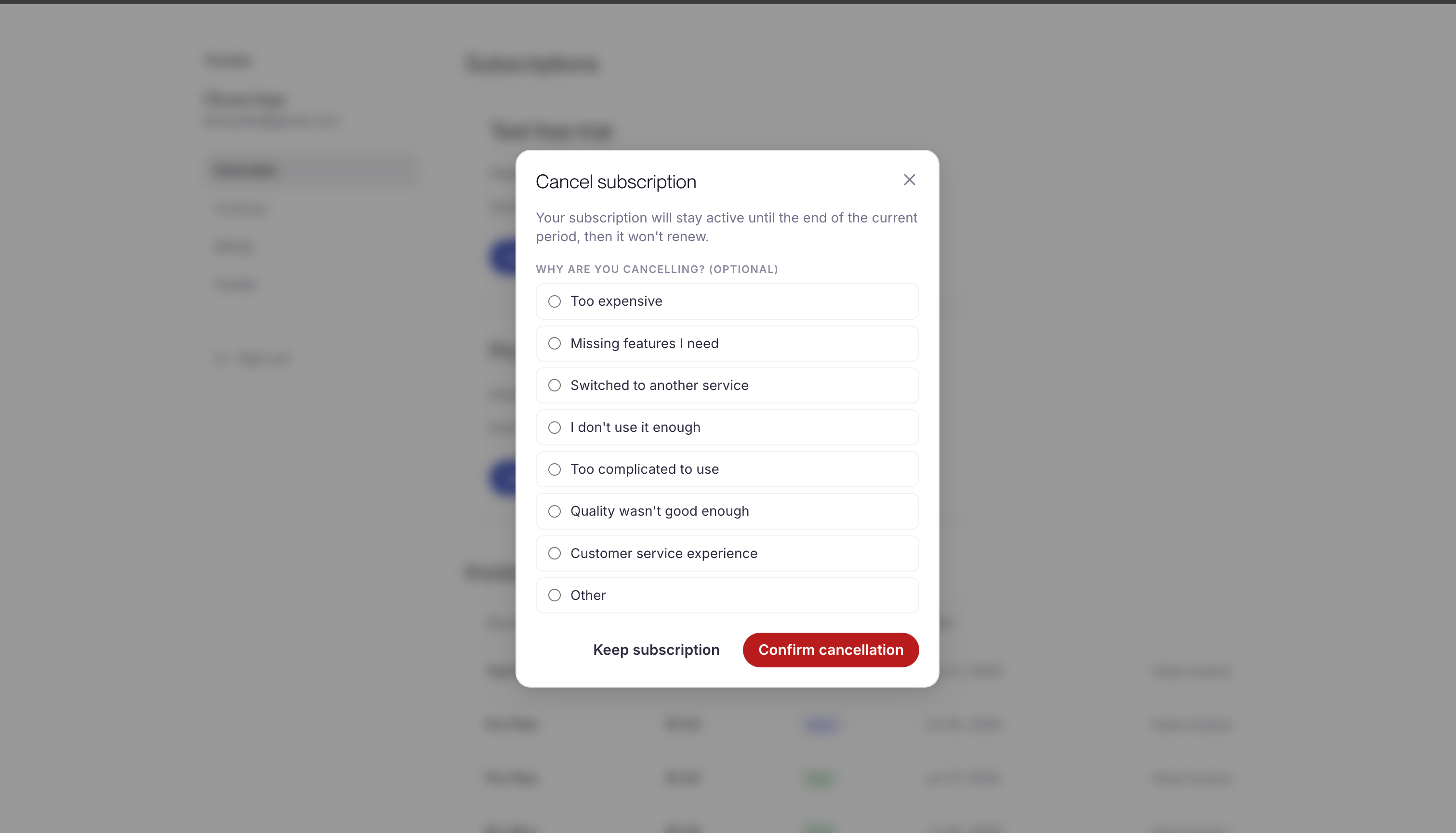 The Cancel subscription dialog explaining the subscription stays active until the end of the current period, with an optional list of cancellation reasons and Keep subscription or Confirm cancellation