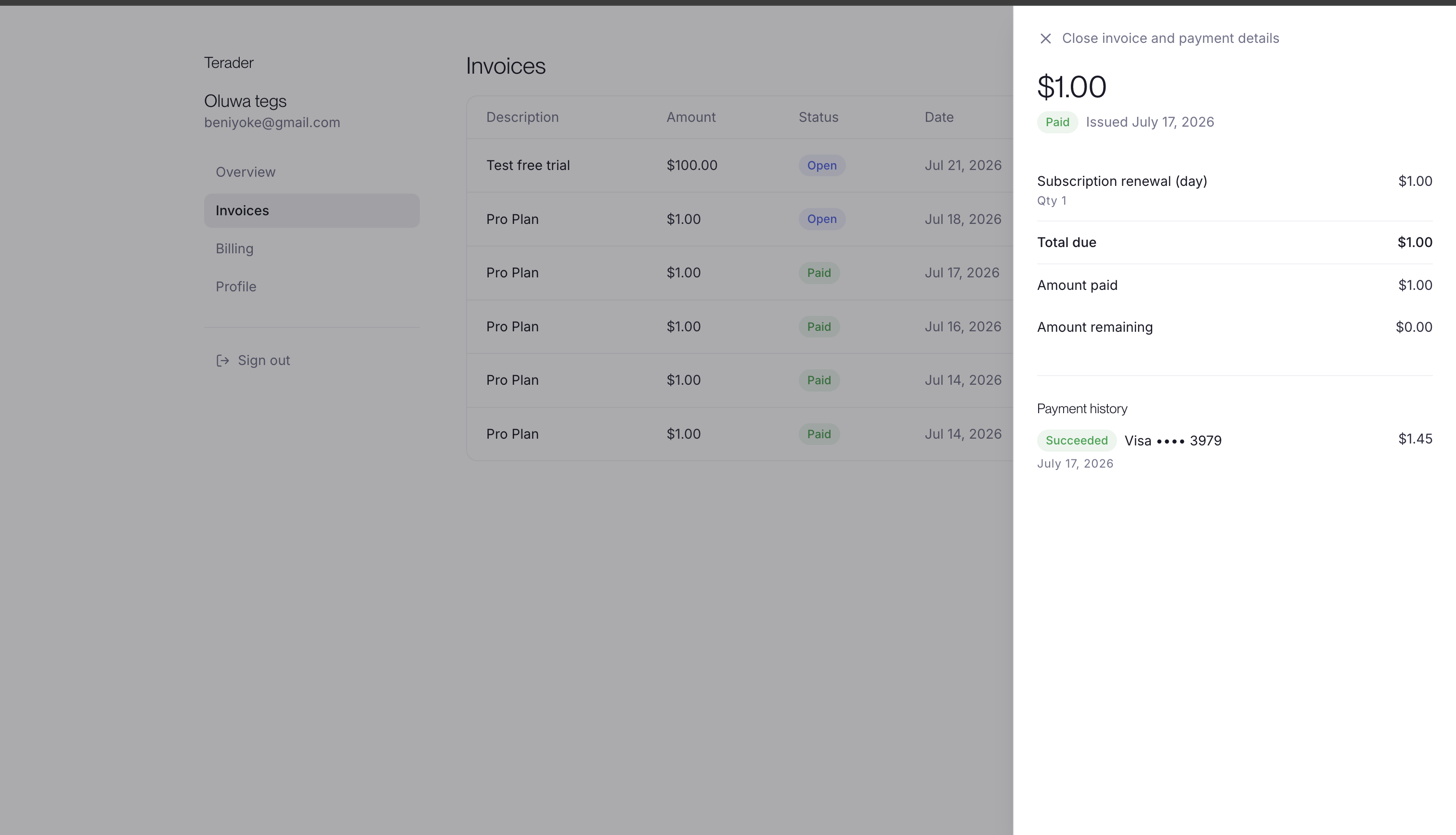 An invoice detail panel showing the amount, paid status and issue date, a line item with its quantity, the total due, amount paid and amount remaining, and a payment history entry showing a succeeded charge on a Visa card