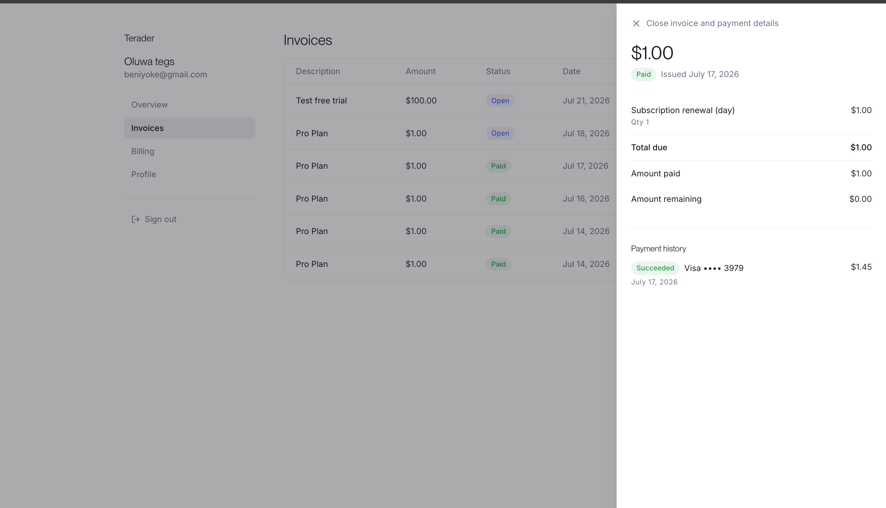 An invoice detail panel showing the amount, paid status and issue date, a line item with its quantity, the total due, amount paid and amount remaining, and a payment history entry showing a succeeded charge on a Visa card