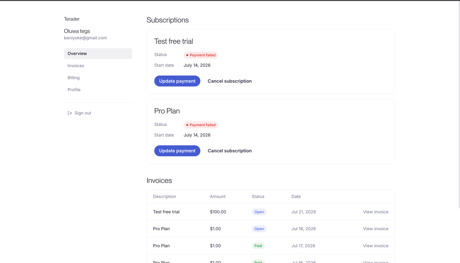 The customer portal Overview page listing two subscriptions with their status and start date, each offering Update payment and Cancel subscription, above a table of recent invoices