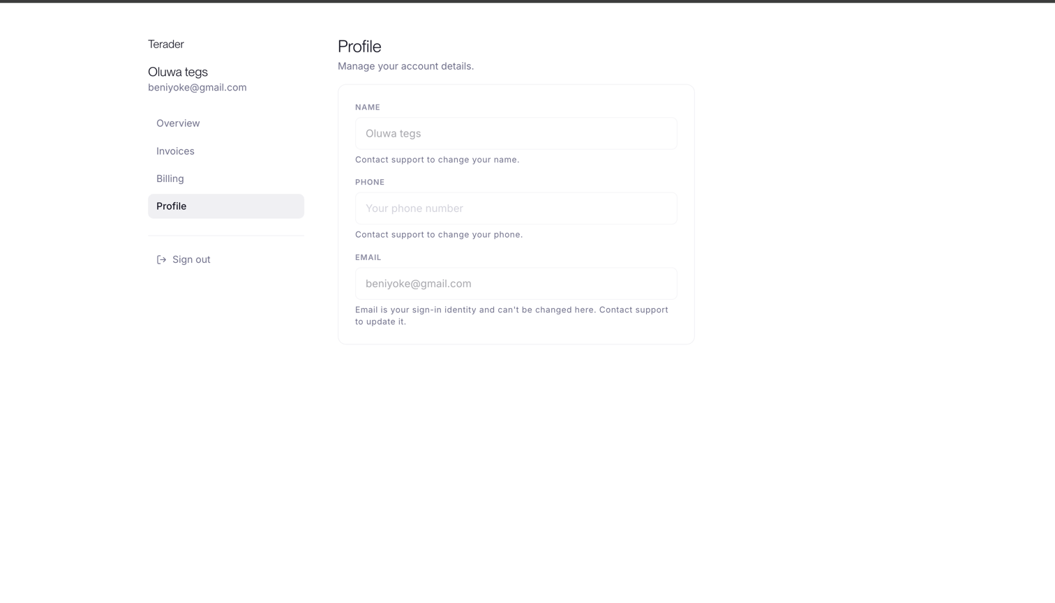 The customer portal Profile page with name, phone and email fields, each noting that the customer should contact support to change it