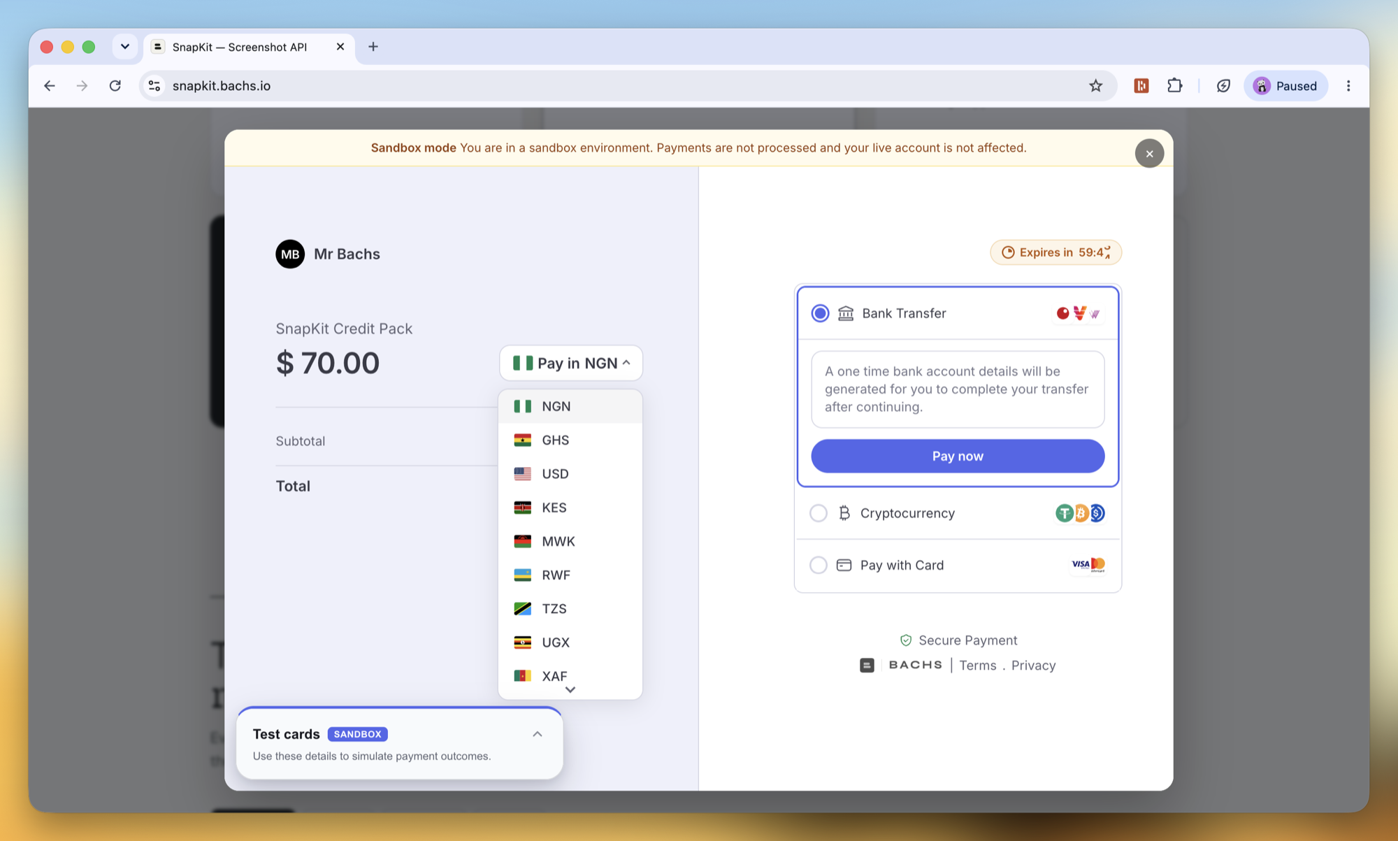 The Bachs overlay checkout open on a merchant page