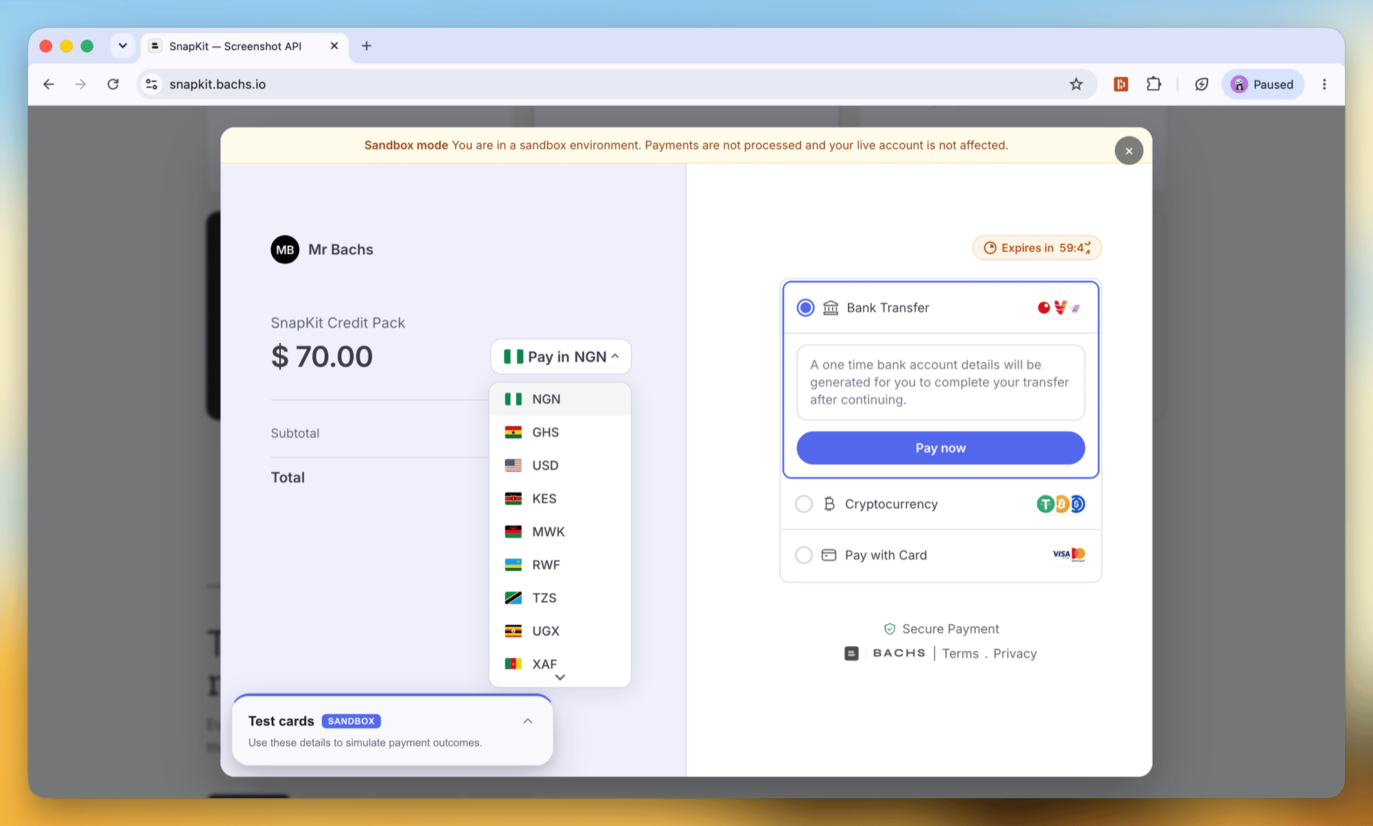The Bachs overlay checkout open on a merchant page