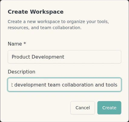 Create Workspace dialog with fields for workspace name and description