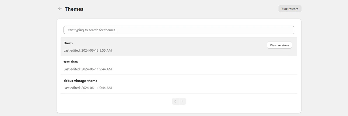 List of backed-up themes available for restoration