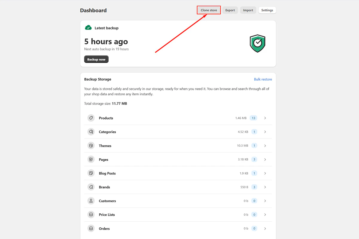 Clone store button on the BackupMaster dashboard