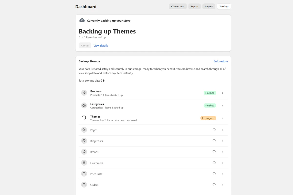 Initial backup progress indicator on the BackupMaster dashboard