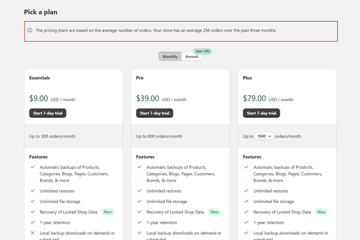 BackupMaster plan selection screen with order volume indicator