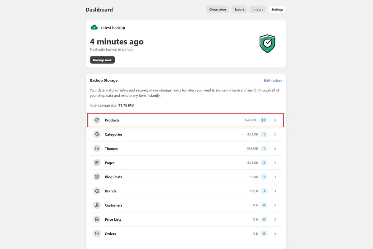 Backup storage dashboard showing data categories