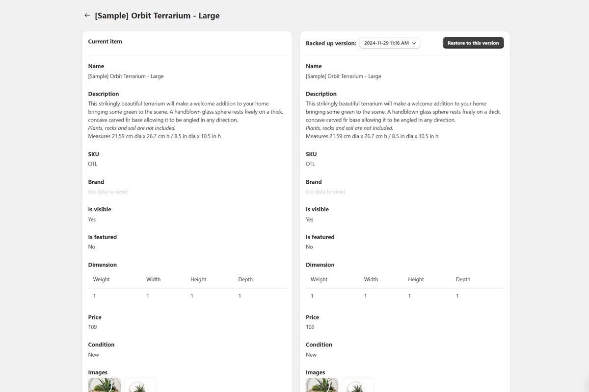 Version history showing each saved version of the item over time