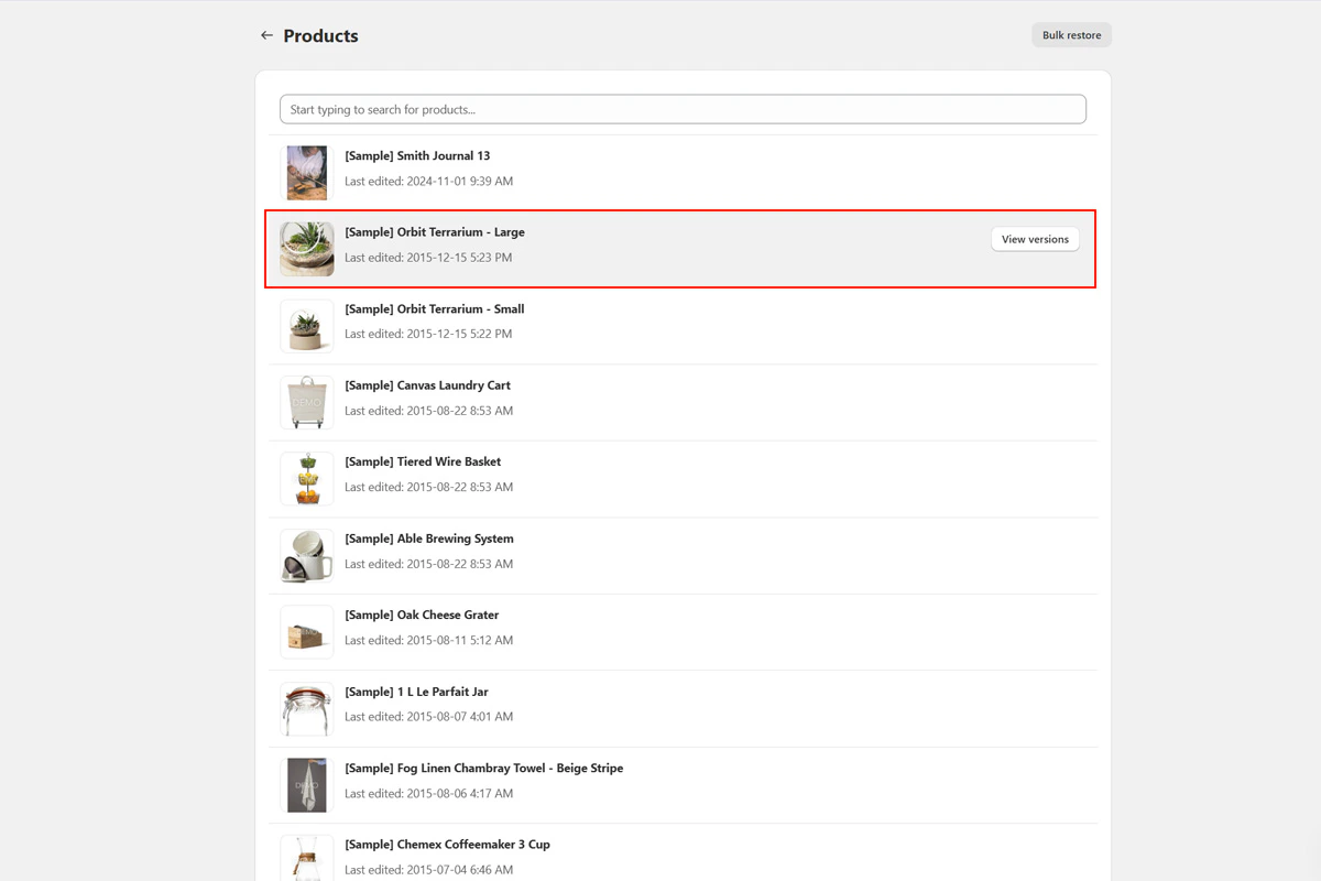 Selecting a product from the backed-up items list