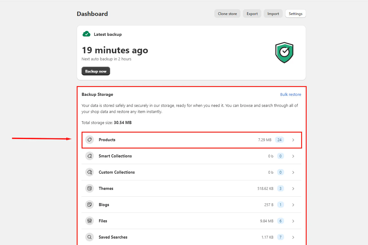 Backup storage dashboard with data categories