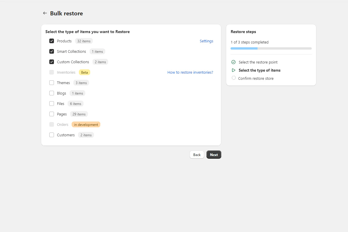 Selecting item categories for bulk restore