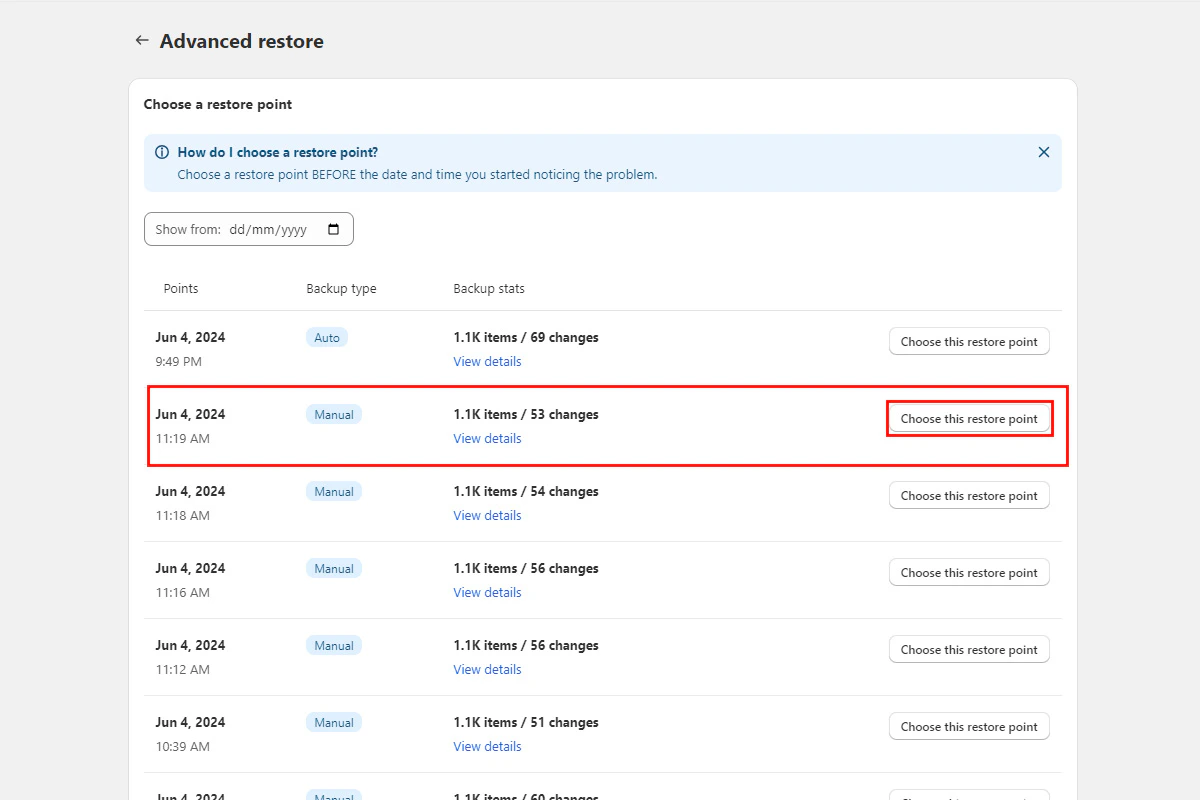 Bulk restore view showing available restore points to choose from