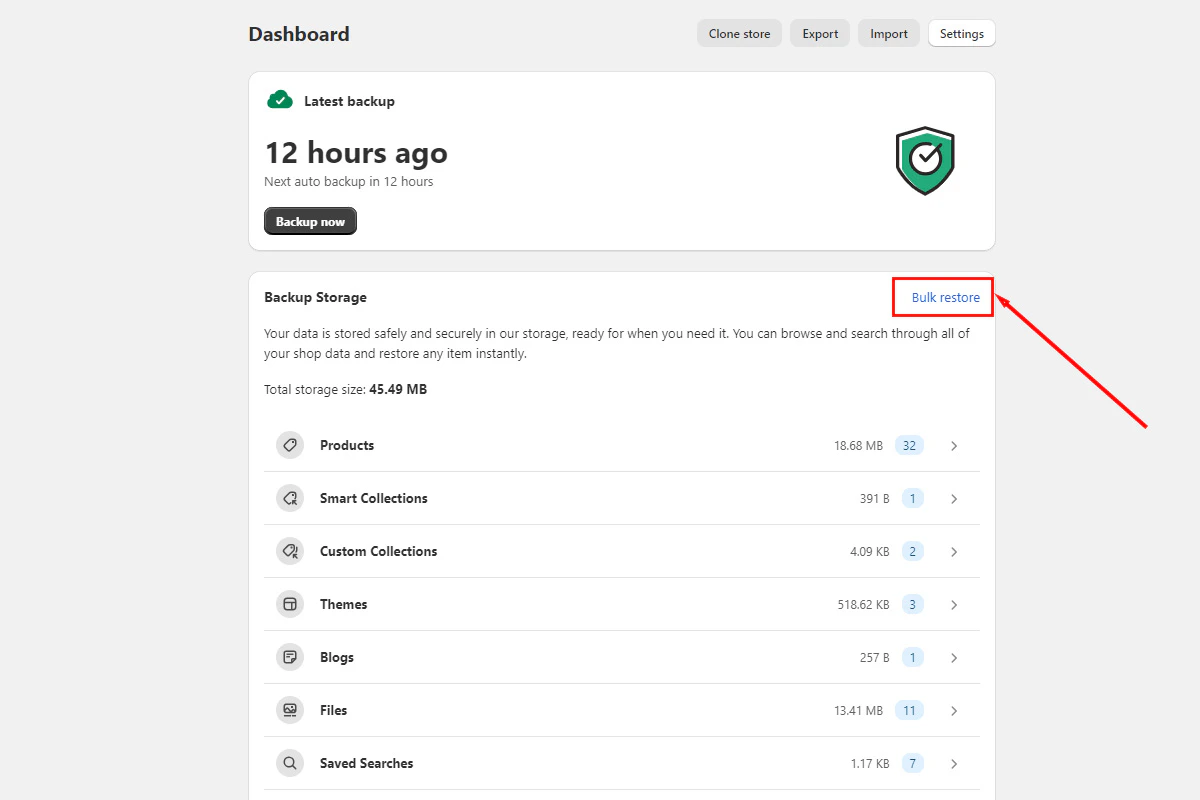 Bulk restore button on the backup storage dashboard
