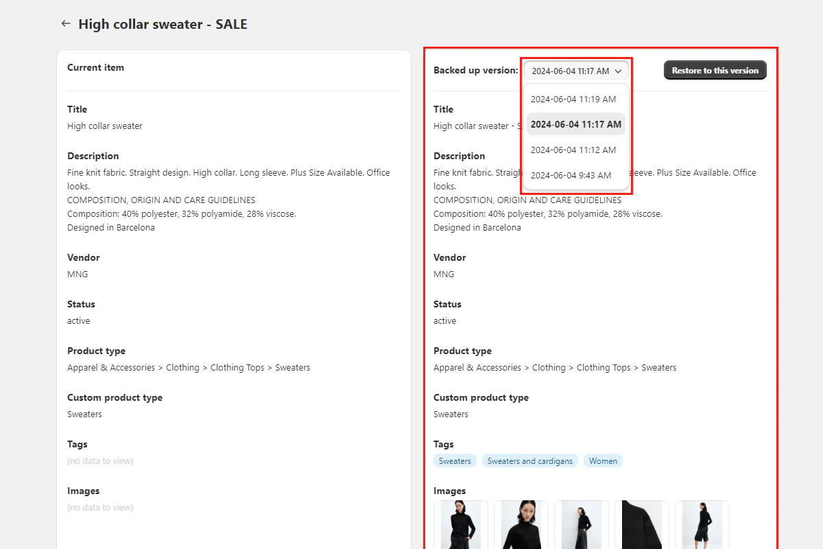 Side-by-side comparison of current and backed-up product versions with version dropdown