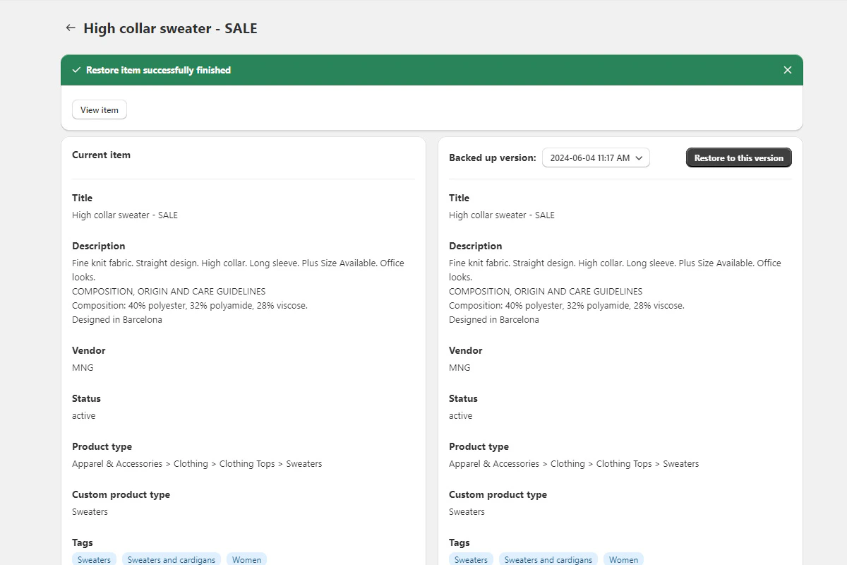 Successful restoration confirmation message