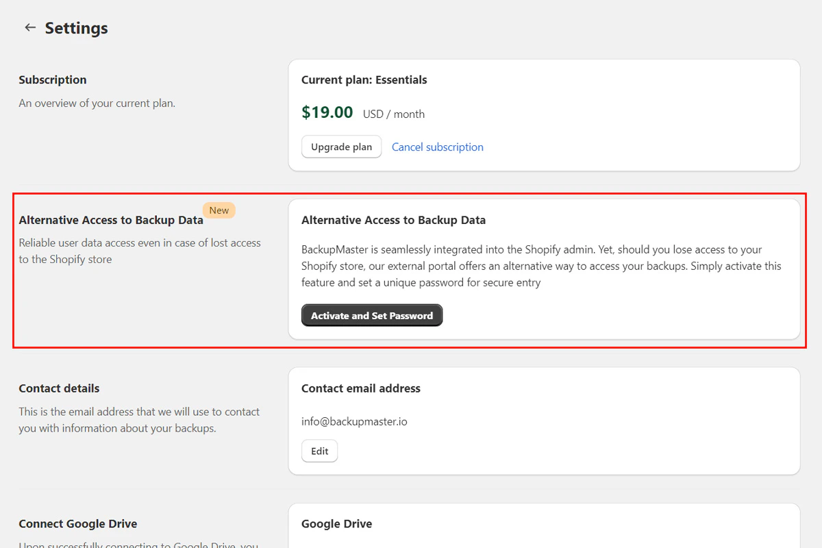 Activate alternative access button in BackupMaster settings