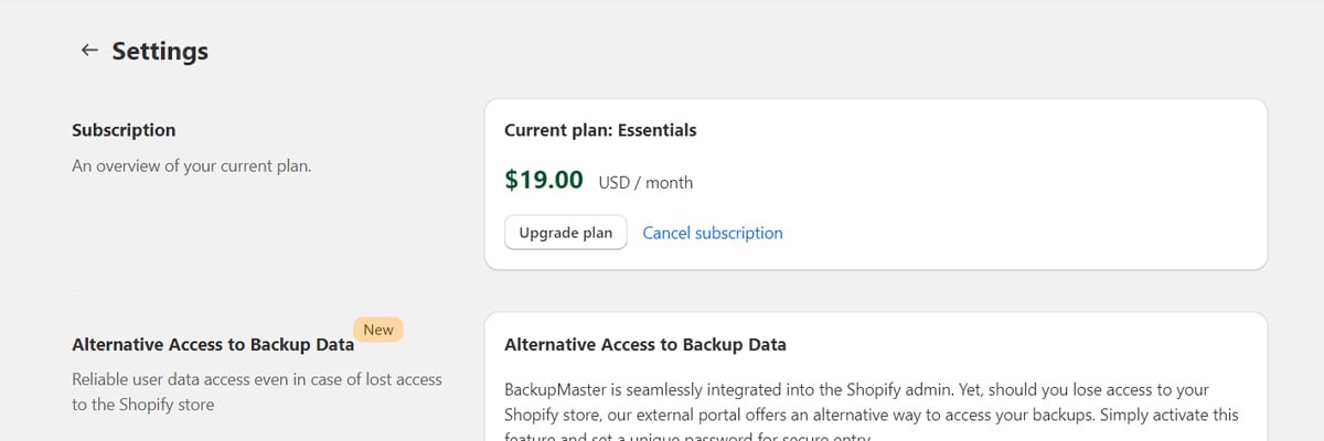 BackupMaster settings page showing subscription plan options
